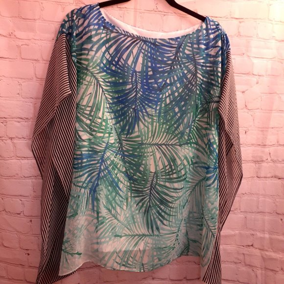 Calvin Klein Womens Plus Palm Print Striped Poncho Top - Picture 2 of 7